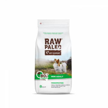 Hrana uscata pentru caini adulti talie mica Raw Paleo Mini Adult, curcan, 8 kg