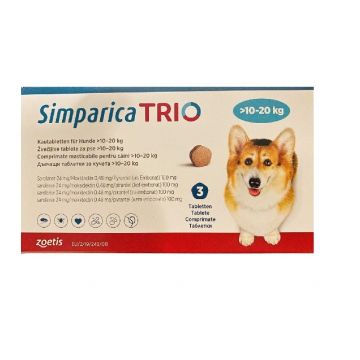 Antiparazitar extern pentru caini intre 10-20 kg Simparica Trio, 1 tableta (24 mg)
