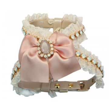 Ham caramel, caramel, din piele ecologica, decorat cu dantela si funda din satin, circumferinta piept 31-35 cm x circumferinta gat 26 cm