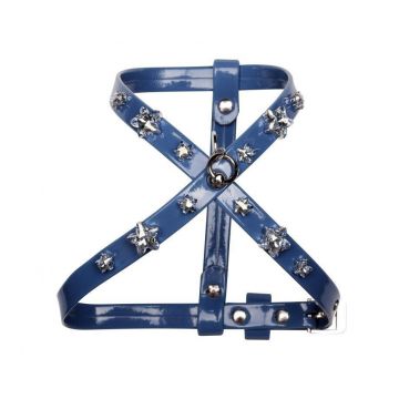 Ham ajustabil, albastru, din piele ecologica, decorat cu stelute din cristale Swarovski, dimensiune XXS