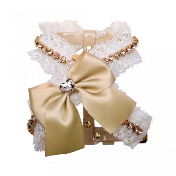 Ham elegant, crem, decorat cu dantela si lantisor din cristale Swarovski, cu funda din satin, dimensiune XXS