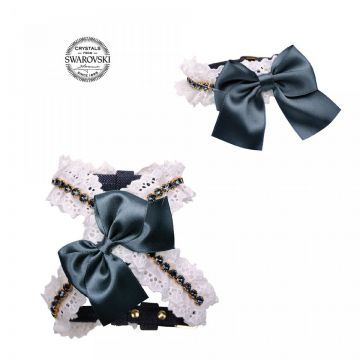 Ham elegant, albastru jeans, decorat cu dantela si lantisor din cristale Swarovski, dimensiune XXS