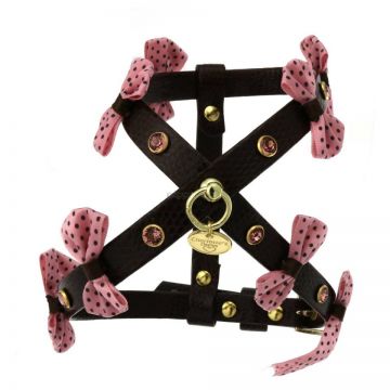 Ham ajustabil din piele ecologica, maro inchis, imprimeu sarpe, cu fundite roz si capse Swarovski, 26 cm x 31-35 cm