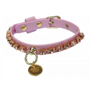 Ham ajustabil din piele ecologica, roz, cu lant din strasuri colorate, gat 26 cm x piept 31-35 cm