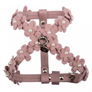 Ham ajustabil, roz, decorat cu floricele din material alcantara, dimensiuni gat 26 cm x piept 31-35 cm