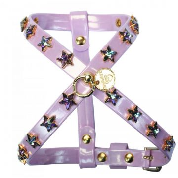 Ham ajustabil din piele ecologica, roz, decorat cu capse sub forma de stea din cristale Swarovski, circumferinta piept 31-35 cm x circumferinta gat 26 cm