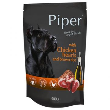 Hrana umeda pentru caini Piper Adult, Inimi de pui si Orez brun, set 5 X 500 g