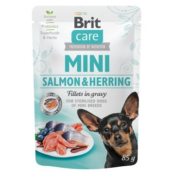 Hrana umeda pentru caini sterilizati de talie mica Brit Care Mini Salmon & Herring Fillets in Gravy, 85 g