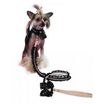 Lesa din piele ecologica, bej cu negru, decorata cu dantela si cristale Swarovski, lungime 1.2 m