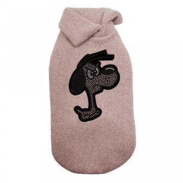 Pulover din lana de Angora, roz, decorat cu catelus, marime S, lungime 21-24 cm, torace 31.5-34 cm