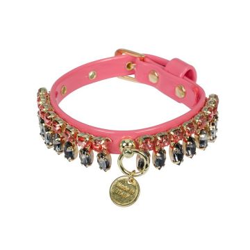 Zgarda caini, roz, decorata cu lantisor din cristale, 25 cm