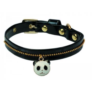 Zgarda din piele eco, neagra, decorata cu margelute aurii si pandativ panda, 25 cm x 1.2 cm