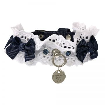 Zgarda caini, alba si blue jeans, eleganta, cu dantele si cristale Swarovski, 25 cm x 1.2 cm