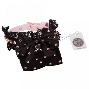 Zgarda din piele ecologica, roz, decorata cu cristale Swarovski, 25 cm