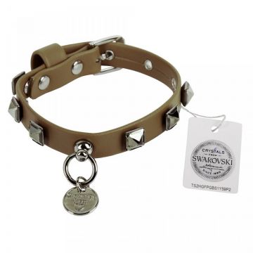 Zgarda din piele ecologica, maro, decorata cu cristale Swarovski, 25 cm