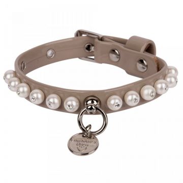 Zgarda din piele ecologica, bej, decorata cu perle si strass, 25 cm