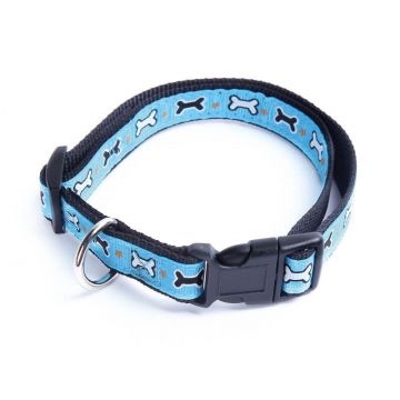 Zgarda nylon pentru caini, albastra, cu decor os, ajustabila, 30-45 cm x 1.6 cm