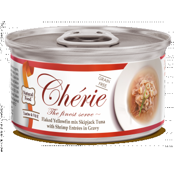 Cherie Adult Cat Grain Free Mix Fulgi de Ton cu Creveti in Sos