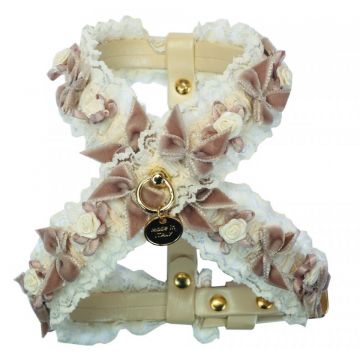 Ham ajustabil, bej, decorat cu flori si fundite din dantela si catifea, circumferinta piept 31-35 cm x circumferinta gat 26 cm