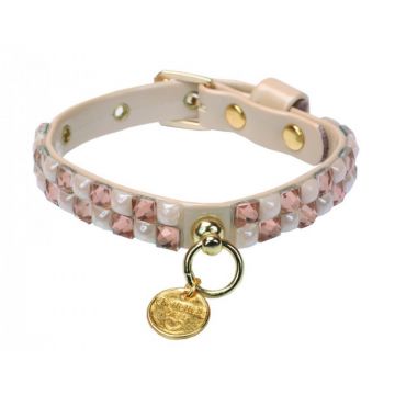 Ham chic din piele ecologica, bej, cu banda de cristale stralucitoare, circumferinta piept 31-35 cm x circumferinta gat 26 cm