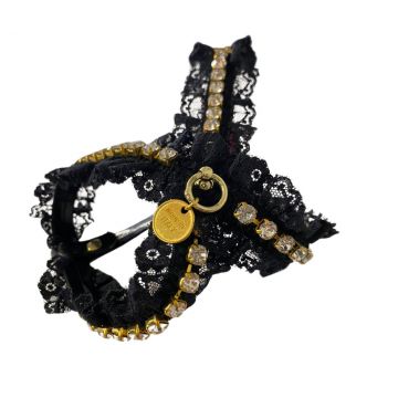 Ham ajustabil din piele ecologica, negru, decorat cu dantela si lantisor din cristale, circumferinta piept 31-35 cm x circumferinta gat 26 cm