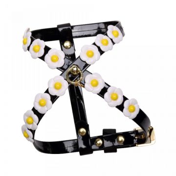 Ham ajustabil din piele ecologica, negru, decorat cu capse in forma de margarete, circumferinta piept 31-35 cm x circumferinta gat 26 cm