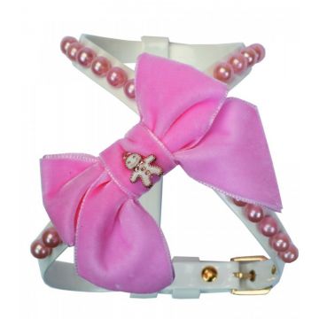 Ham ajustabil, roz, infrumusetat cu perle si funda de catifea, circumferinta piept 31-35 cm x circumferinta gat 26 cm