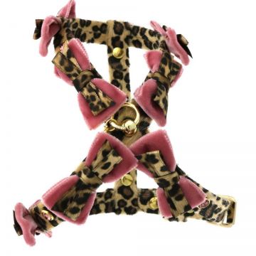 Ham ajustabil, animal print, accesorizat cu fundite de catifea si capse cu cristale Swarovski, circumferinta piept 31-35 cm x circumferinta gat 26 cm