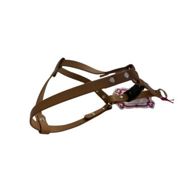 Ham reglabil din piele ecologica, caramel, motiv camuflaj, circumferinta piept 39-43 cm x circumferinta gat 34 cm