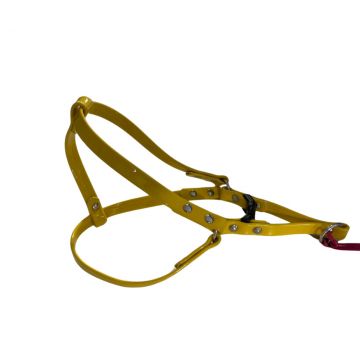 Ham ajustabil, galben, din piele ecologica cu motiv camuflaj, circumferinta piept 39-43 cm x circumferinta gat 34 cm