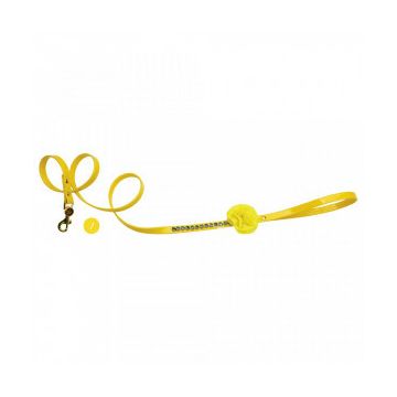 Lesa din piele ecologica, galbena, decorata cu lantisor din cristale Swarovski si trandafir, lungime 1.2 m, latime 1.2 cm