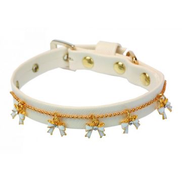 Zgarda din piele ecologica, crem, decorata cu pandantive fundite, lungime 25 cm