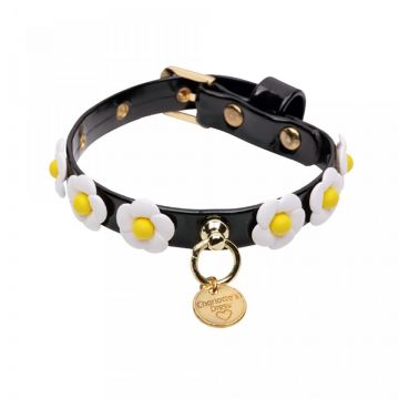 Zgarda din piele ecologica, neagra, decorata cu capse in forma de margarete, 25 cm