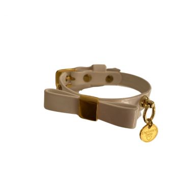 Zgarda caini, alba, din piele ecologica, cu funda, 25 cm x 2 cm