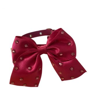 Zgarda caini, fucsia, din piele ecologica, decorata cu funda din satin si elemente Swarovski, lungime 25 cm