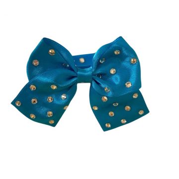 Zgarda ecopiele lacuita, turcoaz, accesorizata cu fundita din satin si cristale Swarovski, 25 cm