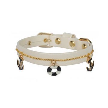 Zgarda ecopiele lacuita, crem, decor marin, lungime 20 cm