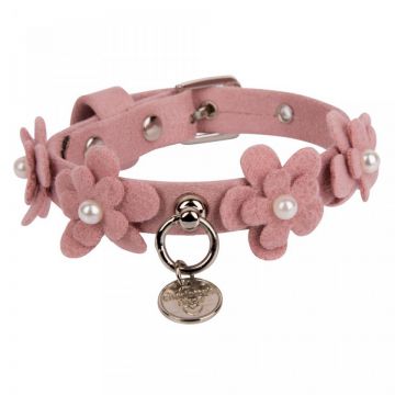 Zgarda caini, roz, decorata cu floricele din material alcantara, 25 cm