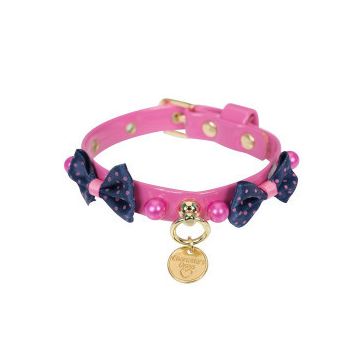 Zgarda caini, roz, din piele ecologica, decorata cu fundite de catifea si perle, lungime 25 cm