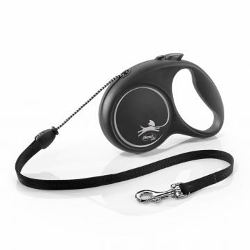 Lesa retractabila Flexi, cu fir, neagra, lungime 5 m, pentru caini cu greutate de pana la 20 kg