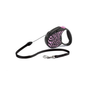 Lesa retractabila Flexi, zebra, lungime 5 m, pentru caini cu greutate de pana la 12 kg