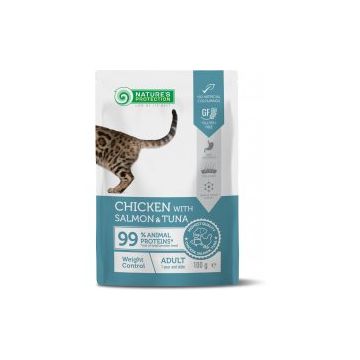 Nature's Protection Weight Control, pui, somon si ton, hrana umeda completa pentru pisici adulte, 100 g