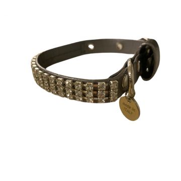 Zgarda caini, gri, din piele ecologica, decorata cu strasuri, 25 cm