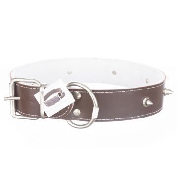 Zgarda din piele, maro, cu ornamente colti metalici, 4 cm x 65 cm