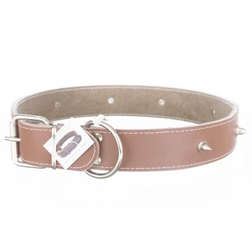Zgarda din piele pentru caini de talie mare, maro, cu colti metalici, 4 cm x 75 cm