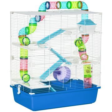 PawHut Cuștă pentru Hamsteri cu 5 Nivele, Tuburi, Căsuță, Rezervor de Apă, Rampe și Roată, 59x36x69 cm, Albastră | Aosom Romania