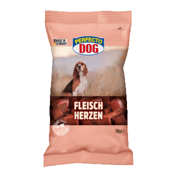 Recompense pentru caini Perfecto Dog, inimioare cu carne, 150g