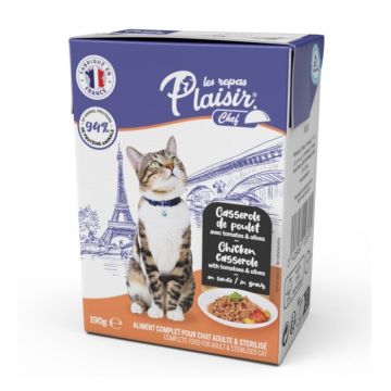 Hrana umeda pentru pisici sterilizate Plaisir Chef, File cu pui, rosii si masline, 190g