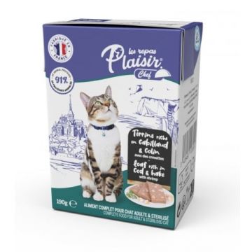 Hrana umeda pentru pisici sterilizate Plaisir Chef, Pate cu cod, merluciu si creveti, 190g