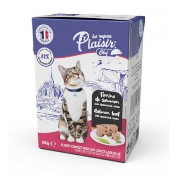 Hrana umeda pentru pisici sterilizate Plaisir Chef, Pate cu somon si spanac, 190g